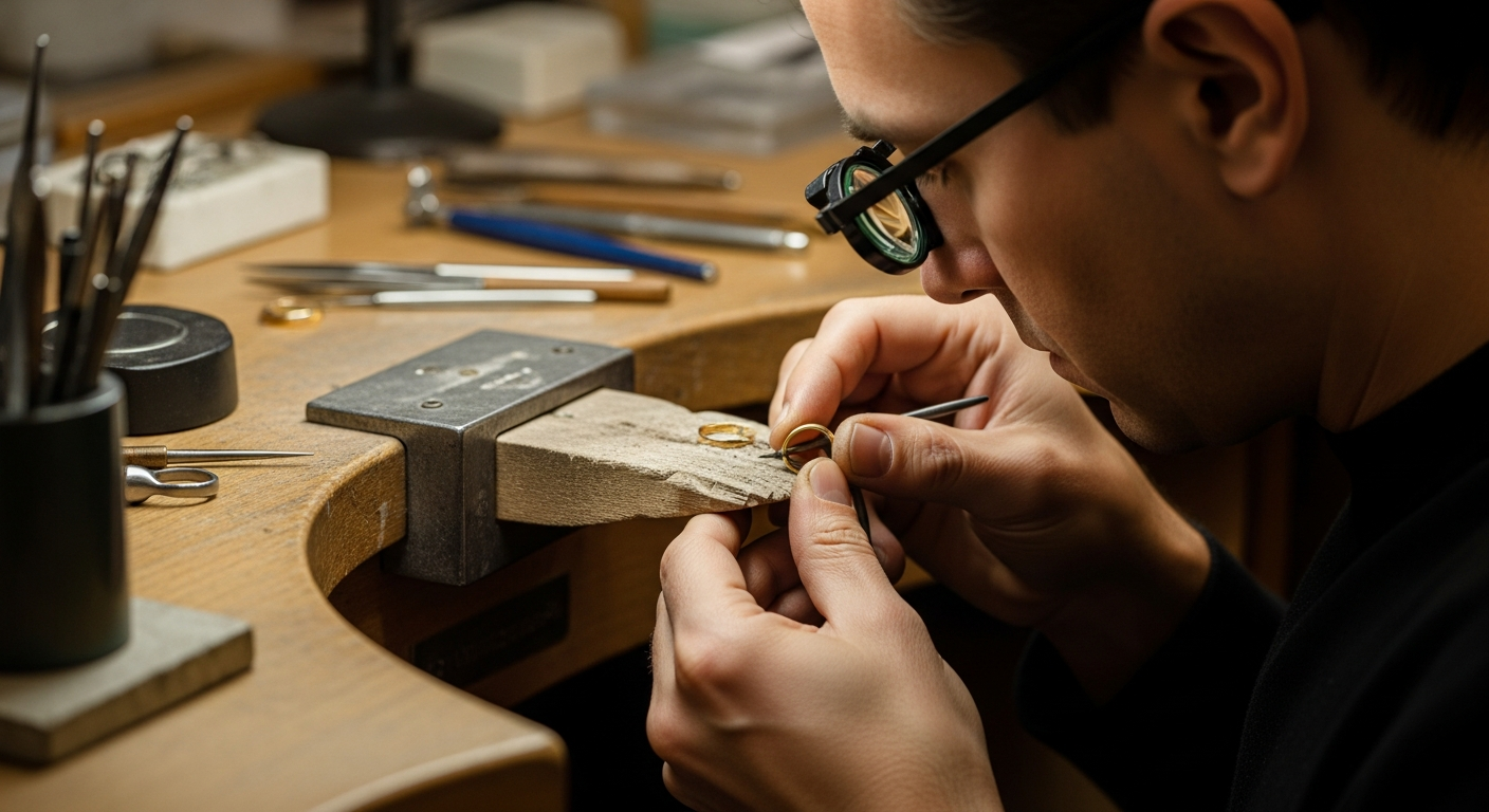 Artisan joaillier français travaillant une alliance en or dans son atelier