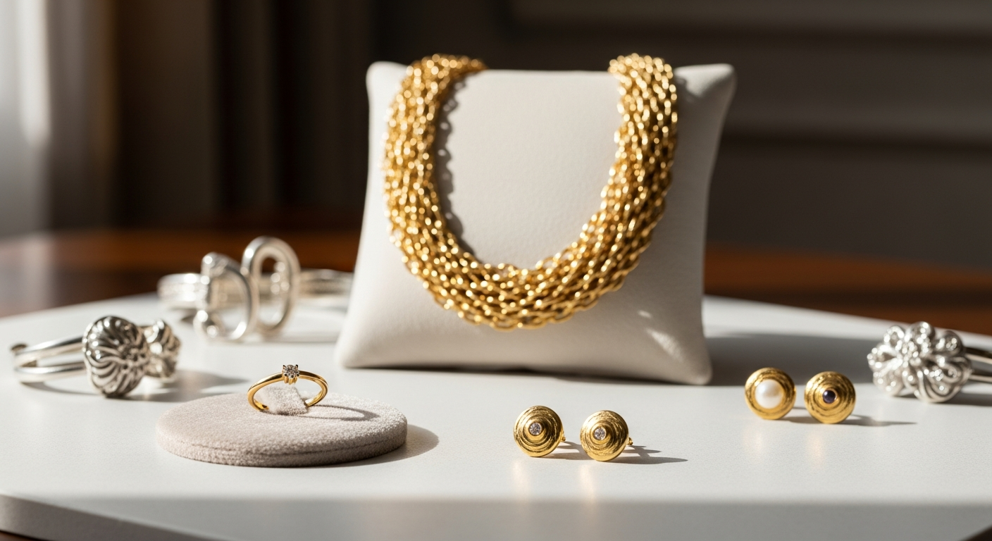 Bijoux artisanaux français en or et argent sur présentoir élégant